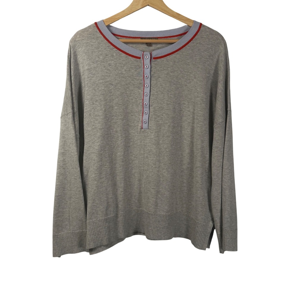 Lilla P Henley Sweater Grey Cotton Linen Blend Blue Red Trim Womens L PA2125